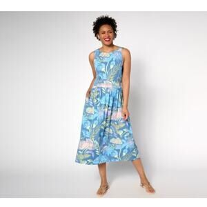 Denim & Co Size Petite Med Blue Floral Beach Jersey Midi Dress A688745 NWOT